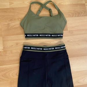 Olive green workout set, top and bottom are XS